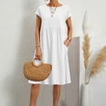 thumbnail image 2 of JUNWELL Coton Lin Femmes Robe d'Été Couleur Unie Col Rond Manches Courtes Genou Longueur Robe de Plage Décontracté en Vrac Mince Robes de Vacances, 2 of 7