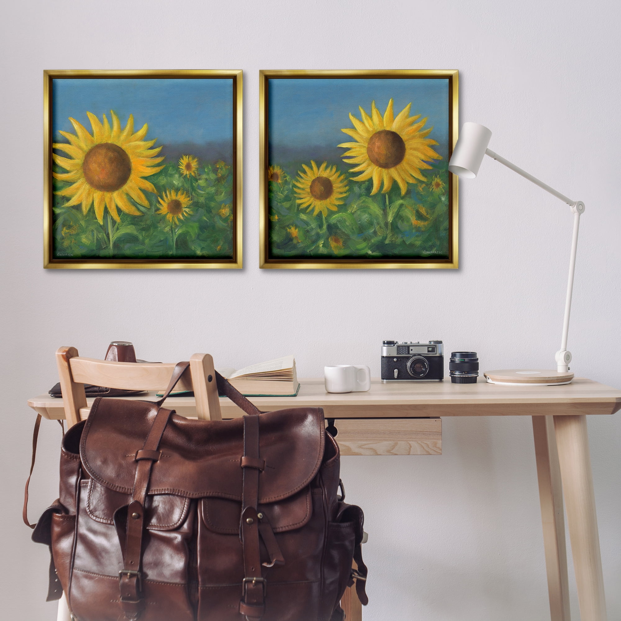 Stupell Industries Gorgeous Sunflower Field Plants & Flowers Painting Gold Floater Framed Canvas Art Print Wall Art, 25 x 25, Set of 2