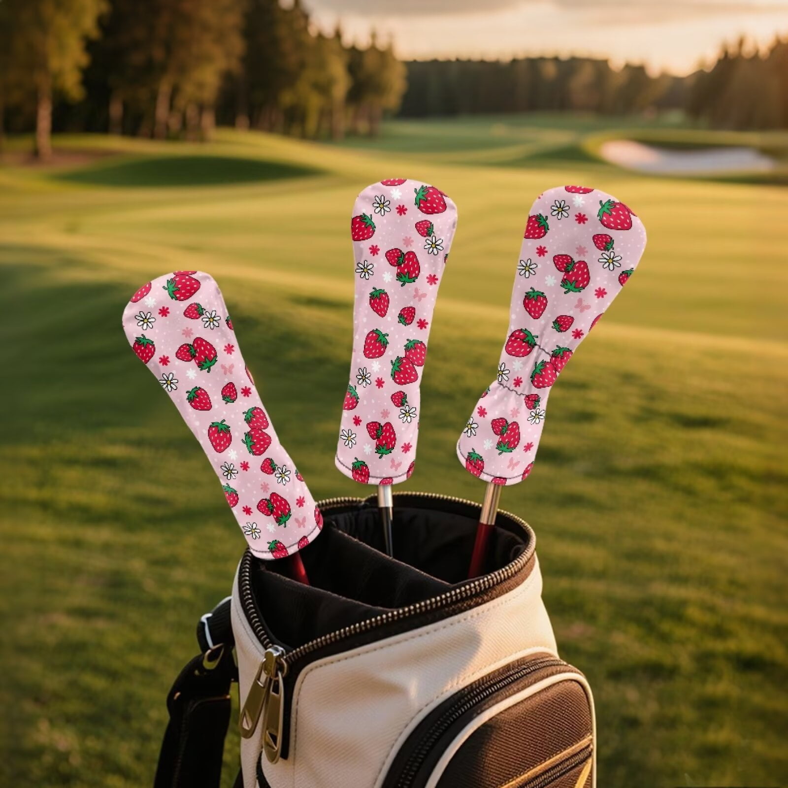 Uorisanigo Golf Club Head Covers with Double Elastic Band for Most Brand, Strawberry Print Driver Cover Fariway Wood Headcover Hybrid Head Covers Blade Putter Cover Mallet Putter Haedcovers