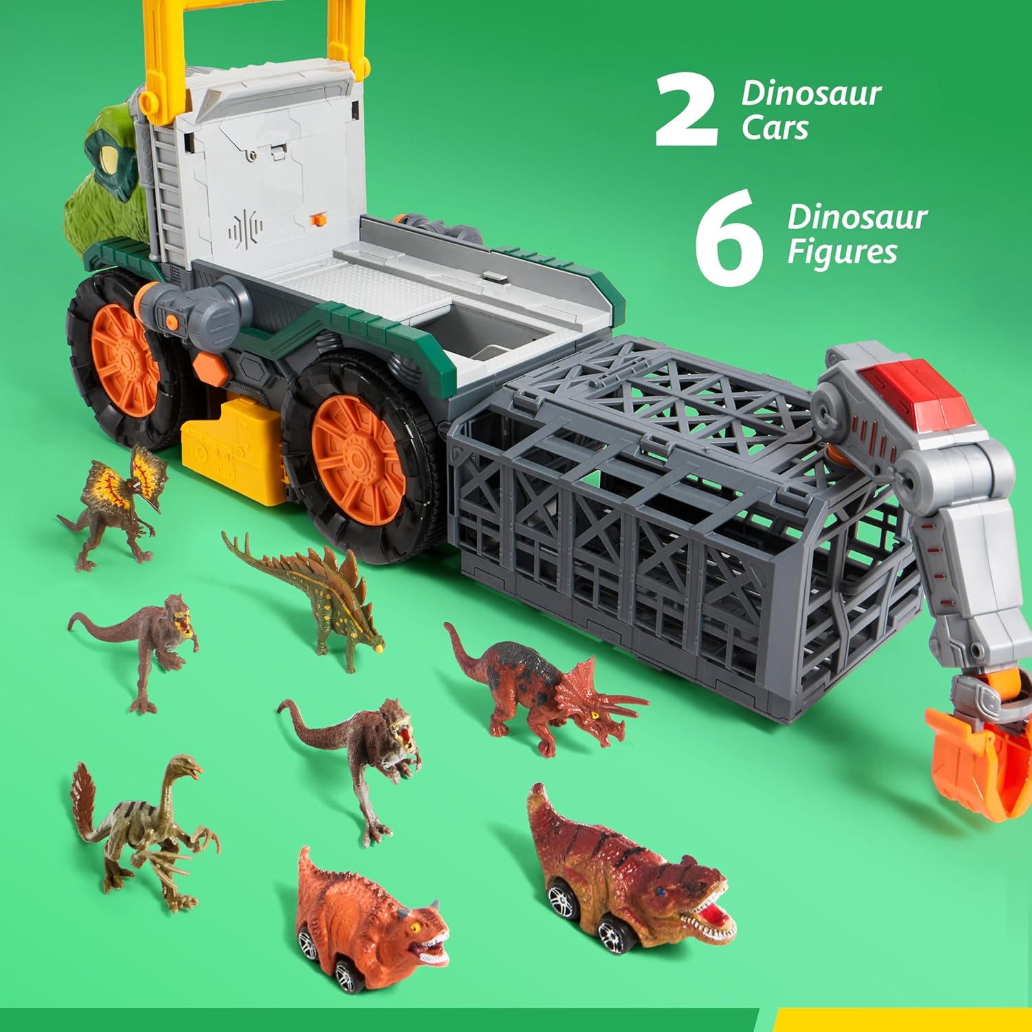 VROOMIX Kids Big Dinosaur Truck Toys with 8 Dino Figures, Crane Arm & Drive-Through Tunnel, Launching Chambers & Shooting Darts, Best Gifts for 3+ Year Old Boys & Girls
