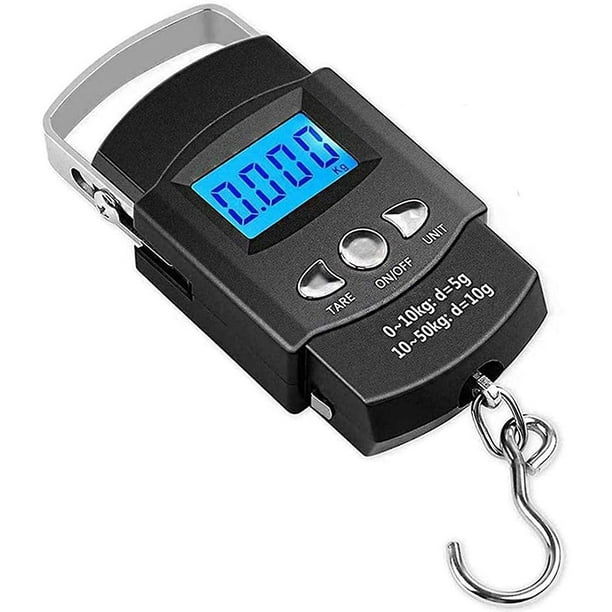 Balanzas electrónicas de equipaje Lcd Báscula de pesca electrónica portátil digital Báscula de pesca Báscula de viaje digital (máx.: 50 kg) con gancho + cinta medida 10 Feliz Sencillez
