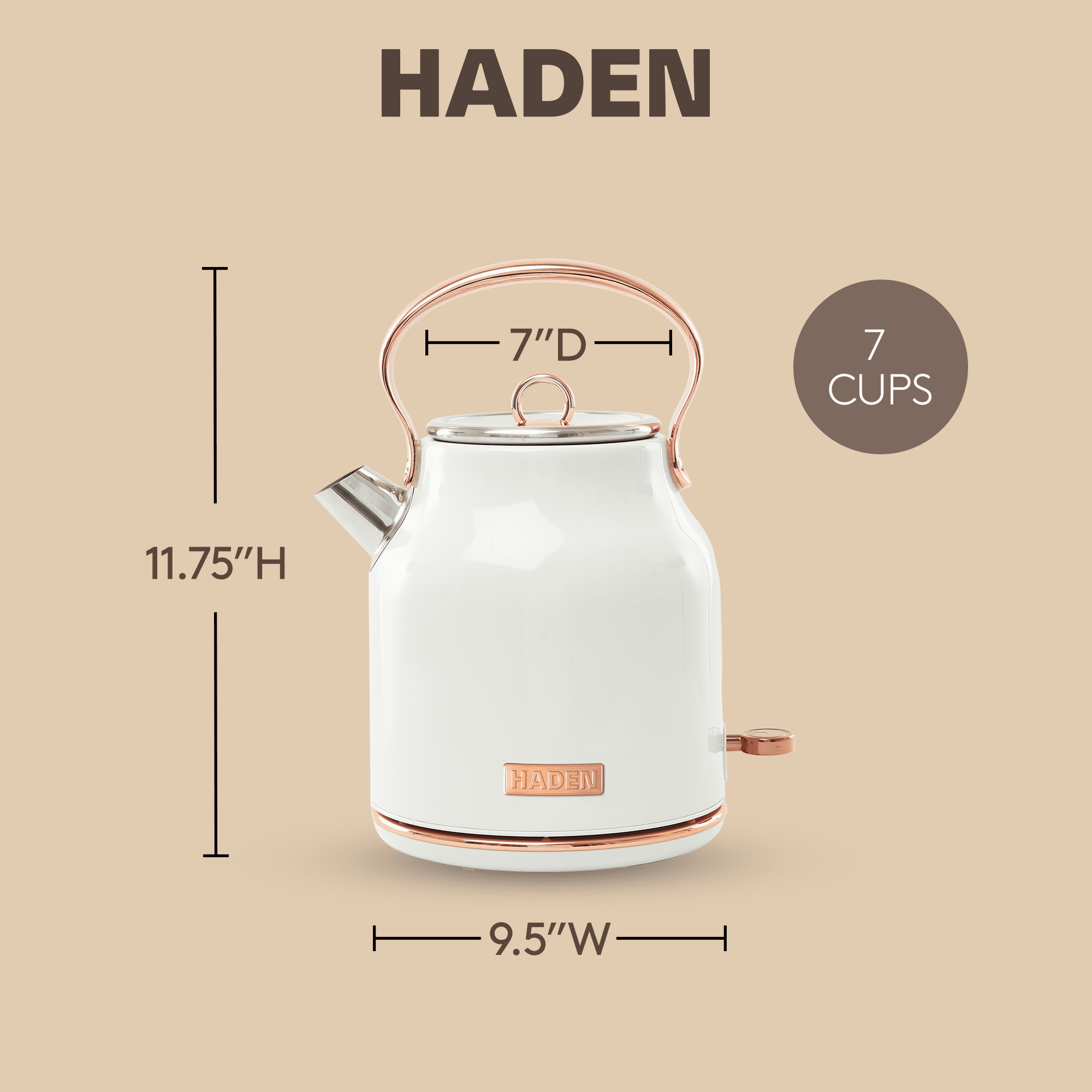 Haden Heritage 1.7 Liter Stainless Steel Electric Kettle, Ivory / Copper - 75089