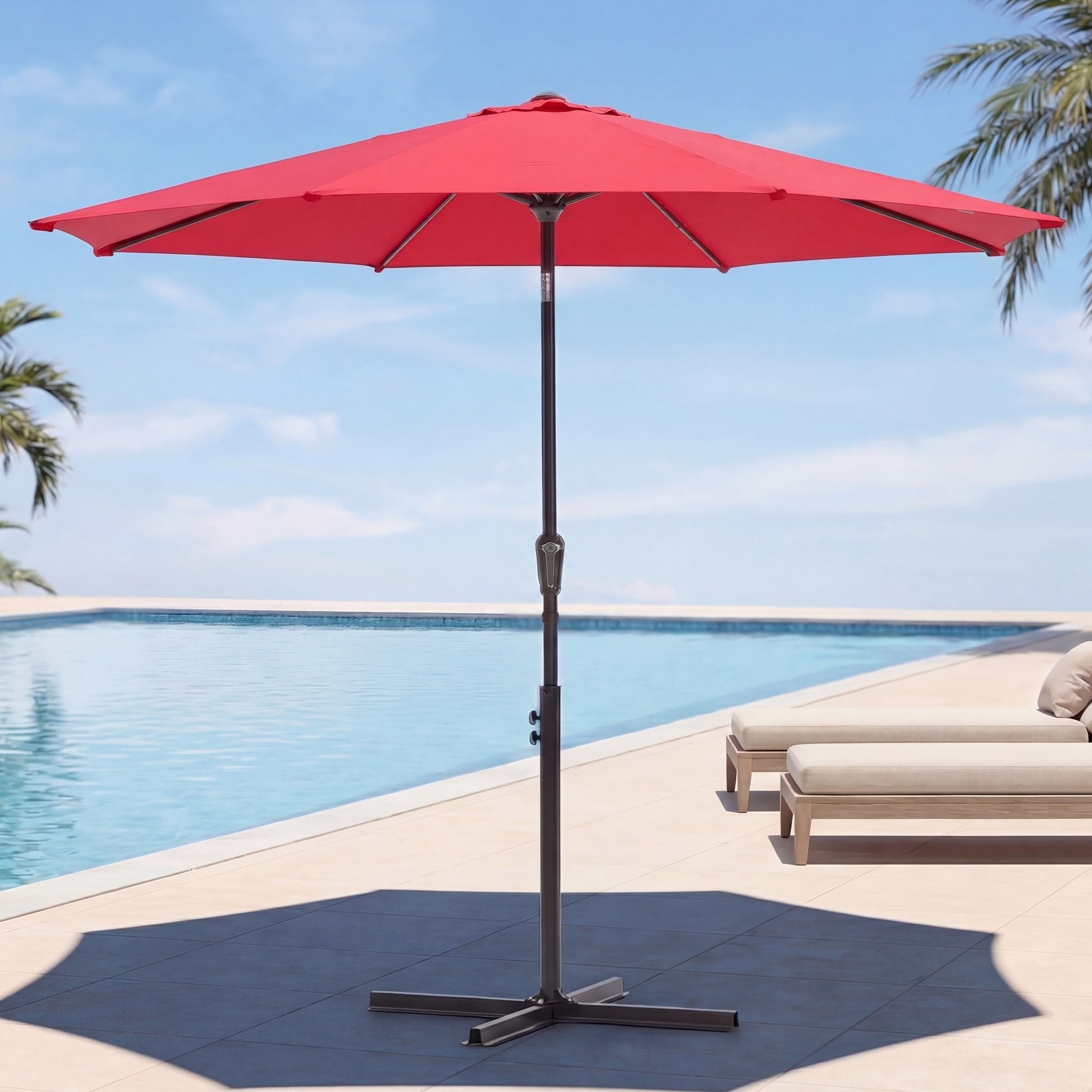 SHOUFTW 9 ft Patio Market Umbrella, Outdoor Table Umbrella with Crank Lift and Tilt, Round Sun Shade for Garden, Deck, Backyard, Poolside, Khaki, Red