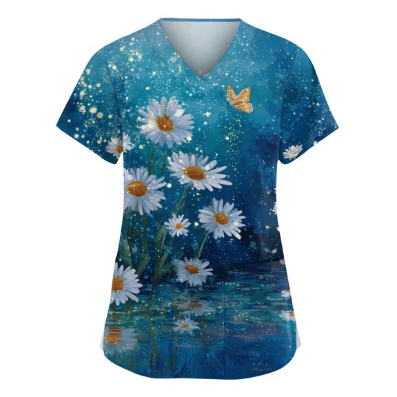 HAJWOH Womens Scrub Tops V-Neck Medical Scrubs Short Sleeve Stretch Nurse Work Uniform Shirts Fashion Scrub Tops with Pockets Dark Blue 3XL