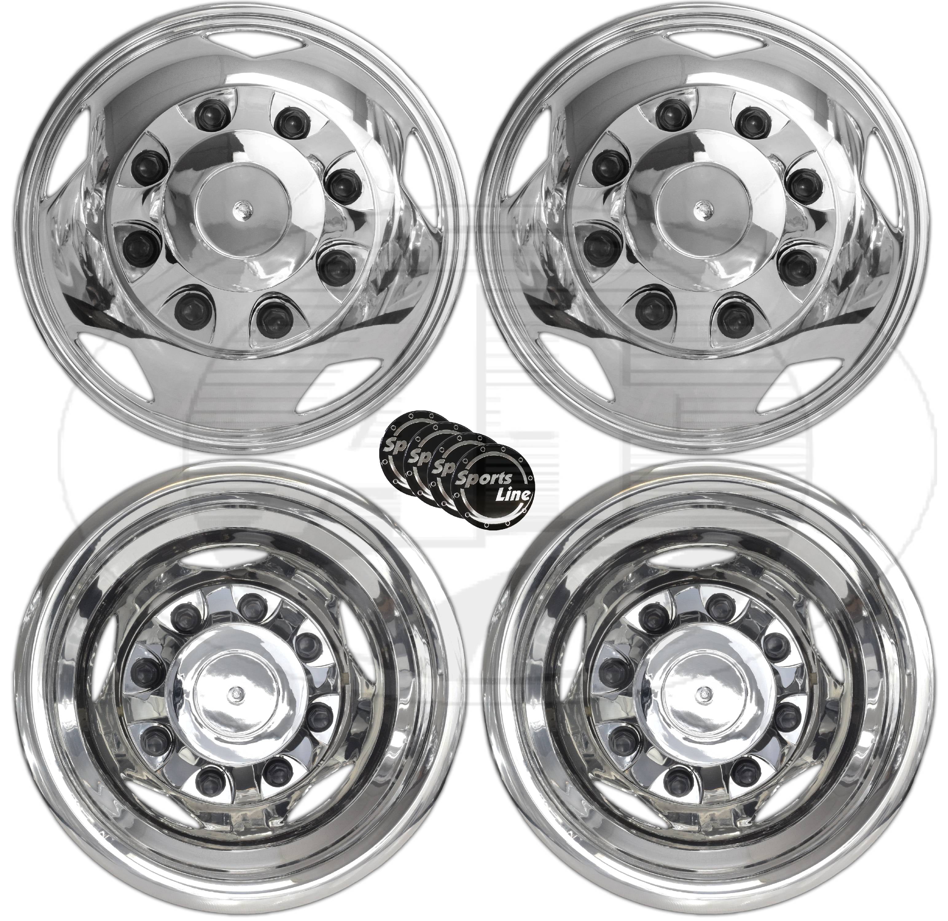 OEM Factory Replacement RV Trailer Van Stainless Alloy Wheels 4pc Full Set of 16 Wheel Simulators for 8 Lug 4 Hole for Dually Trucks Universal Fit Easy Snap On 