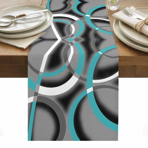 Turquoise Geometric Table Runner - 70 Inch Long, Kitchen Dining Table Runner Dresser Scarves, Grey Classic Abstract Lines Striped Farmhouse Decor for Coffee Tables Wedding Party Banquet