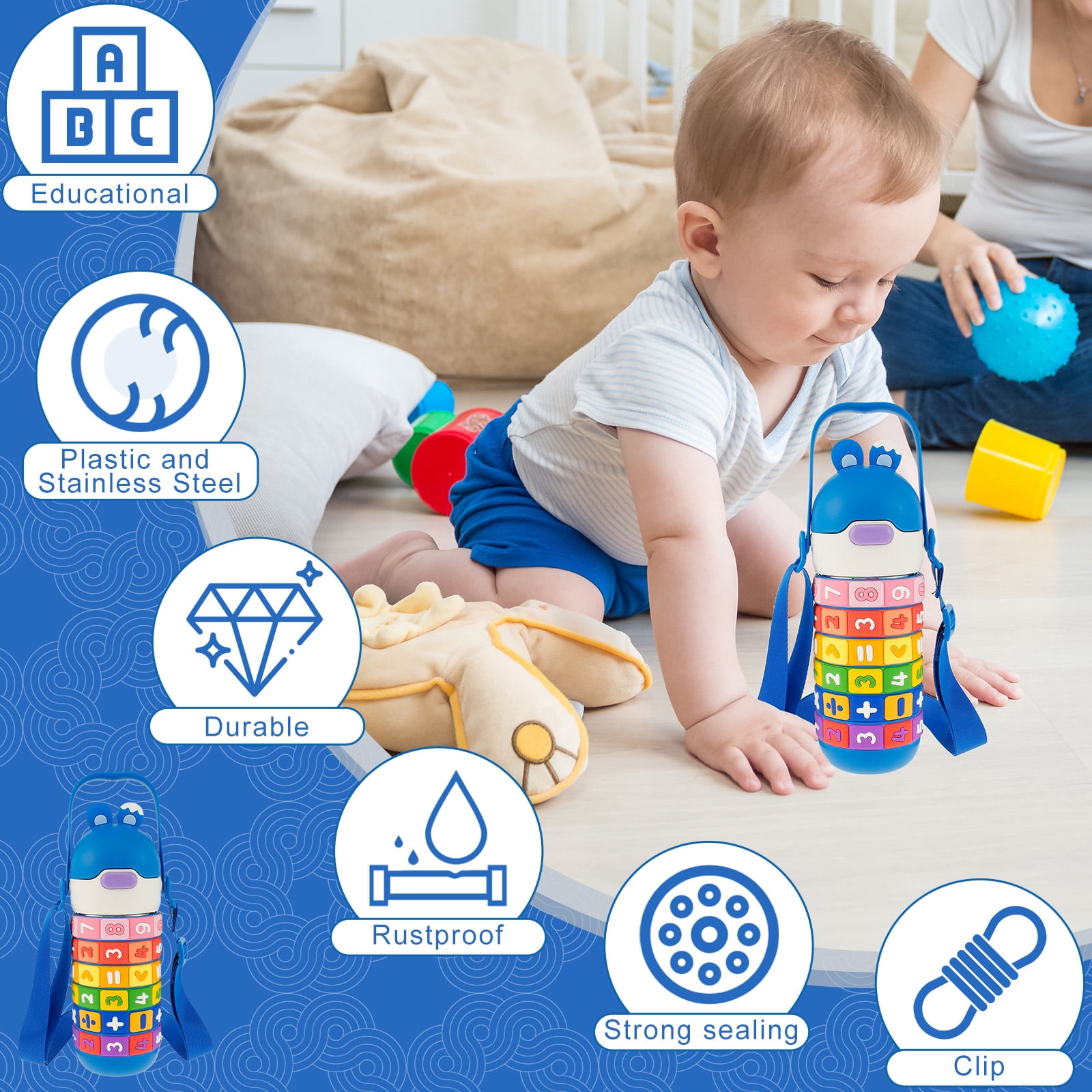 Fznkrag Kids Insulated Water Bottle Stainless Steel Kid Cup with Silicone Straw Sealing 430ml Kid Tumbler with Handle Adjustable Shoulder Strap
