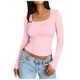thumbnail image 1 of Top corto de manga larga y cuello redondo para mujer - Camiseta básica de yoga ajustada para entrenar, 1 of 5
