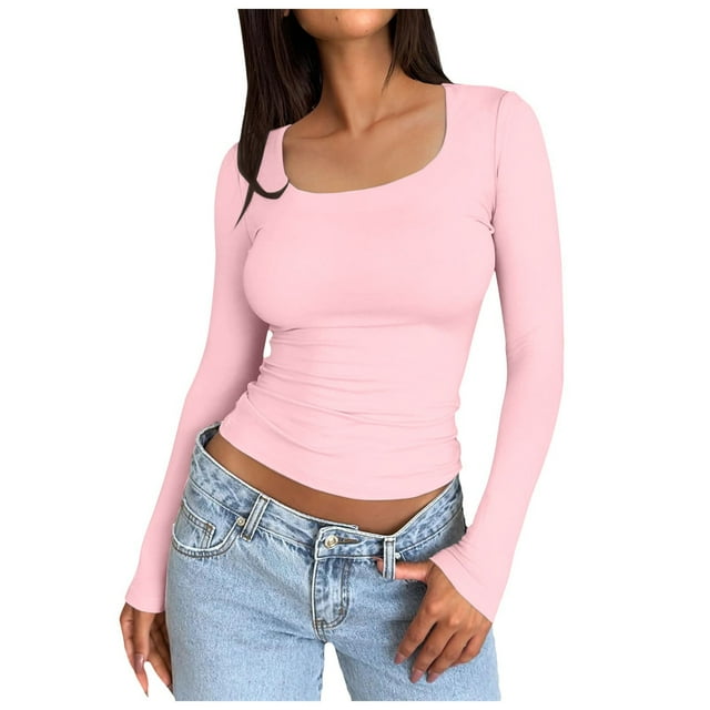 Top corto de manga larga y cuello redondo para mujer - Camiseta básica de yoga ajustada para entrenar