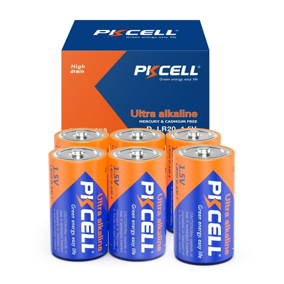 PKCELL D Batteries (6 Pack), Alkaline 1.5V D Cell Batteries