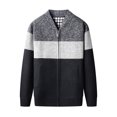 thumbnail image 2 of Luwomo Mens Jackets Mens Full Zip Color-Block Stripe Long Sleeve Cable Knitted Cardigan Sweater Coat with Pockets Regular Blouses Navy,2XL, 2 of 8