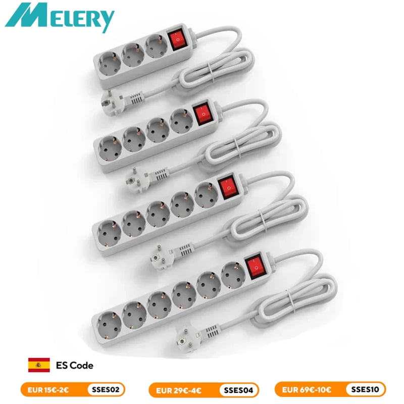 Melery Power Strip Surge Protector 3/4/5/6 AC EU Electrical Plug Outlet Socket Lead Extension Adapter Extenstion Cord Cable 1.5m