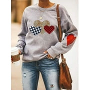 Women's Plaid Leopard Stitching Heart Pattern Printed Round Neck Long Sleeve Top