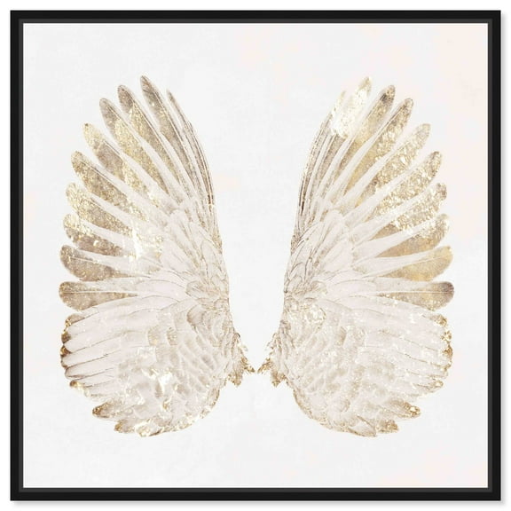 Soft Angel Wings Canvas Elegant White Gold Wall Art by Art Remedy, Black Frame, 12" x 12"