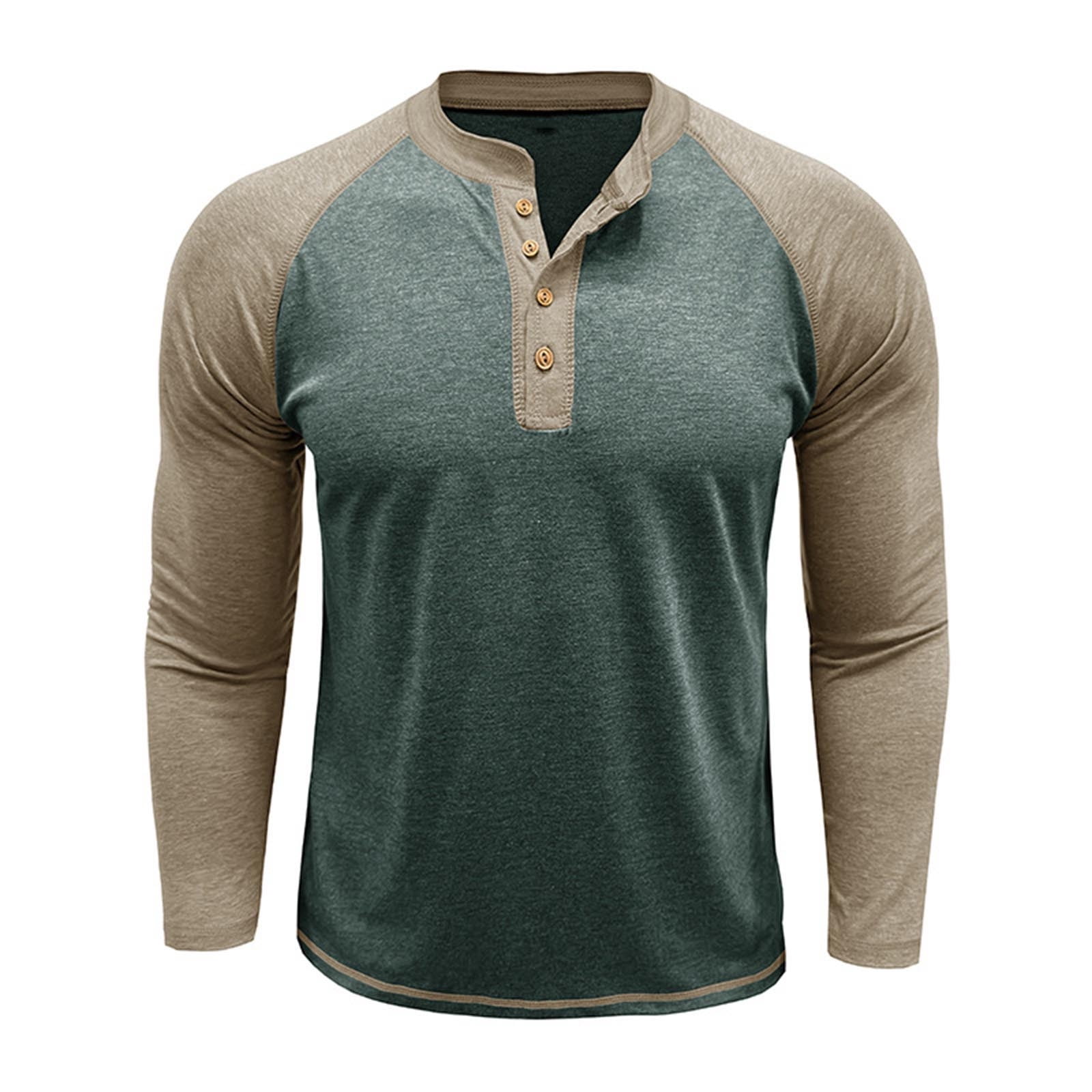 Feancey Cotton Henley Shirts for Men Raglan Long Sleeve Button Up Tshirt Color Block Fashion Baseball T-Shirts Slim Fit Casual Gym Muscle Tees Army Green XL