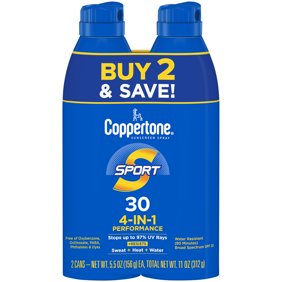 Coppertone Sport Sunscreen Spray, SPF 30 Spray Sunscreen, 5.5 oz, Pack of 2