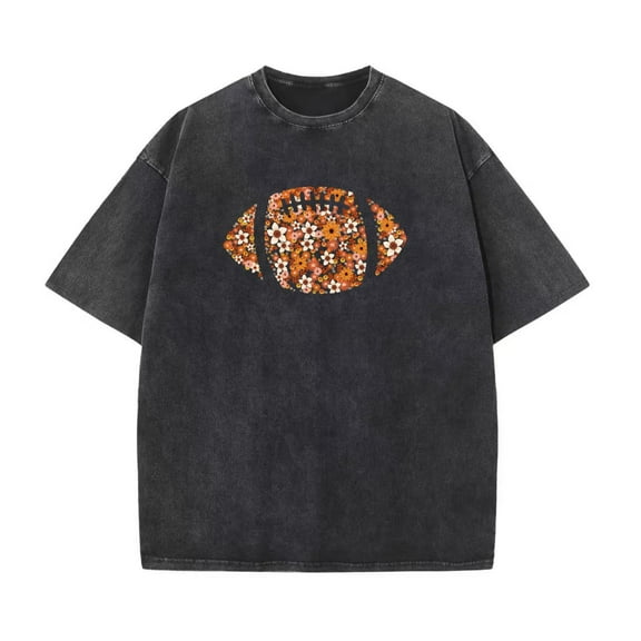 Womens Floral Football Graphic Tee Washed Vintage T Shirt Tops Round-neck long-sleeved Black S-2XL Plus Size
