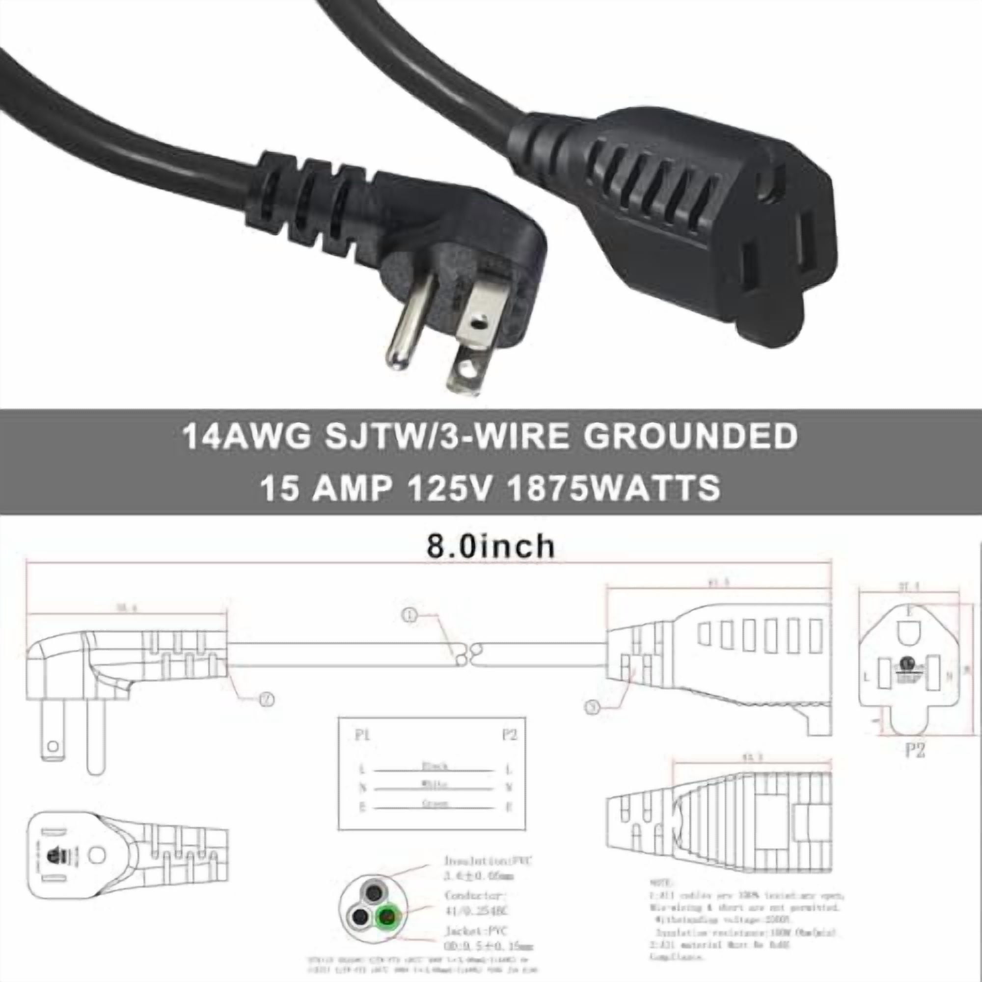 YNGLLC Short Power Extension Cord - Low Profile Wall Head 6 Inch 14AWG/3C SJTW Heavy Duty Extension Cable for Indoor/Outdoor, 90-Degree Flat Plug 15A/125V 1875W NEMA 5-15P to NEMA 5-15R, Black 4-Pack