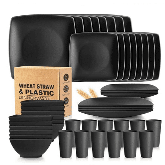 48-piece Wheat Straw Square Dinnerware Set for 12, Unbreakable Dinner Plates, Salad Plates, Snack Bowls, Tumblers 13.5 oz, Dishwasher Safe, Black