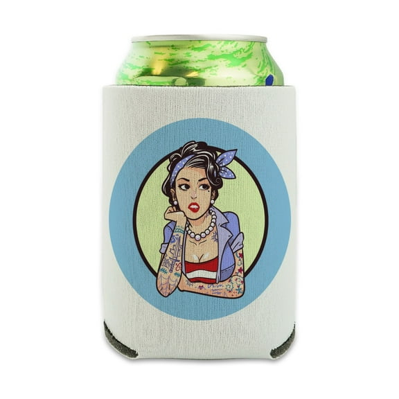 Rockabilly Retro Pin Up Girl With Tattoos Can Cooler - Drink Sleeve Hugger Collapsible Insulator - Beverage Insulated Holder