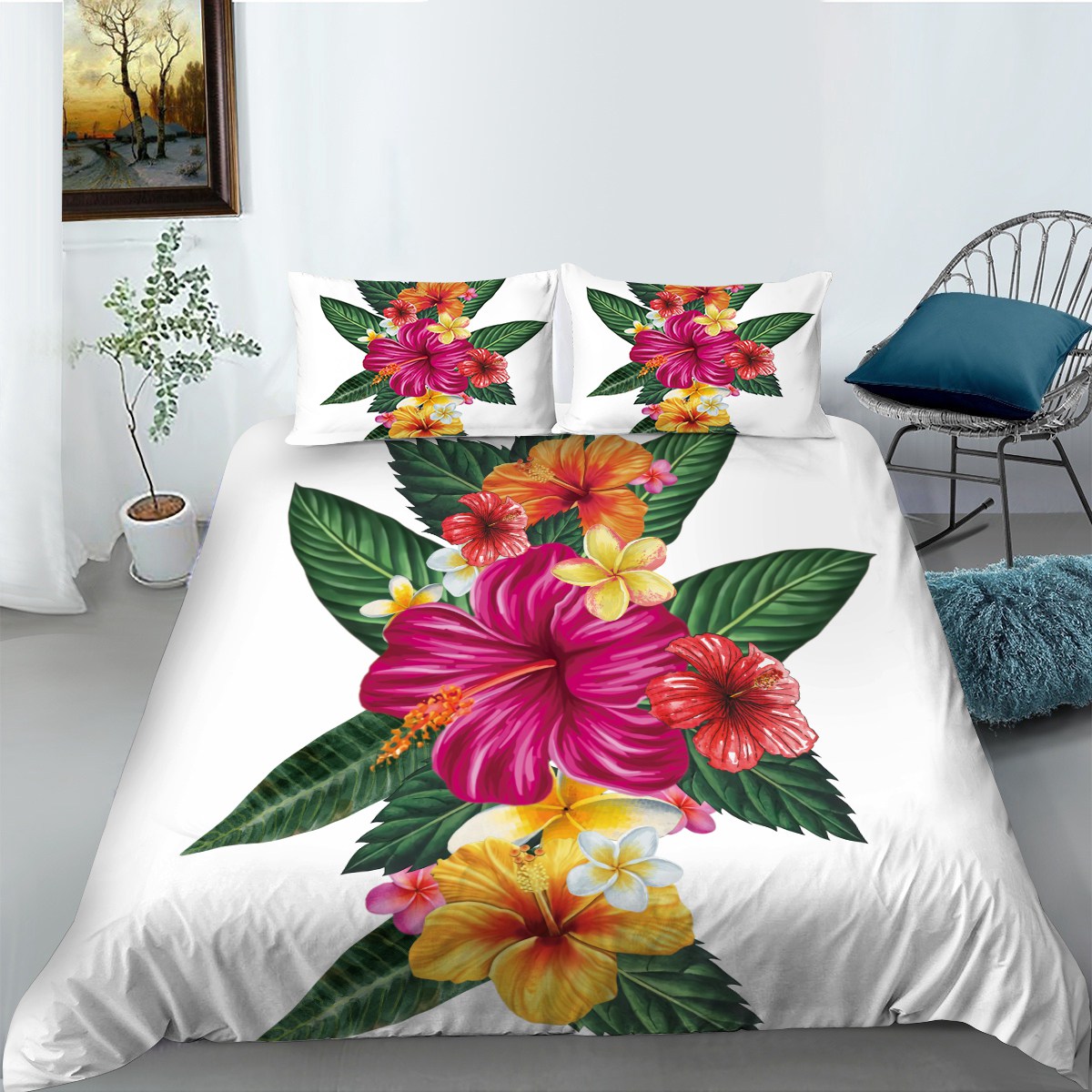 Hawaiian Duvet Cover Set, Bouquet of Colorful Hibiscus Flowers Bedding Set King (90"x104