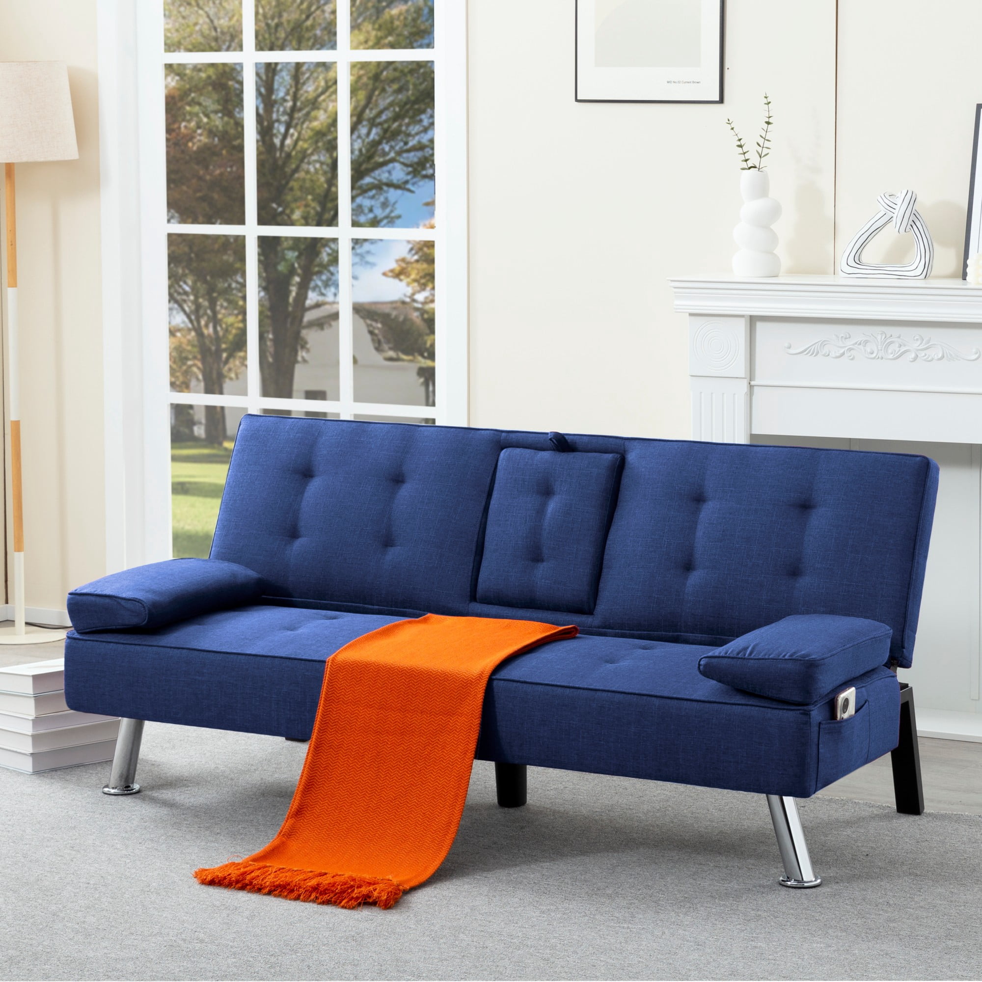 BSHTI 69.49" Fabric Convertible Futon Sofa Bed with Drop-Down Console, 2 Cup Holders, 5-Position Backrest, Side Pocket for Living Room（Navy Blue）