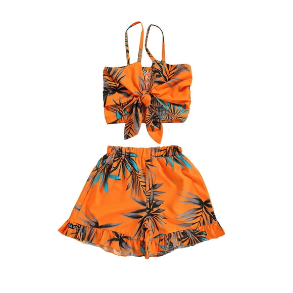 Mialoley Girl Tops, Shorts Suit, Bowknot Sling Summer Shirt Leaf Printed Beach Vest Loose Pants, Orange