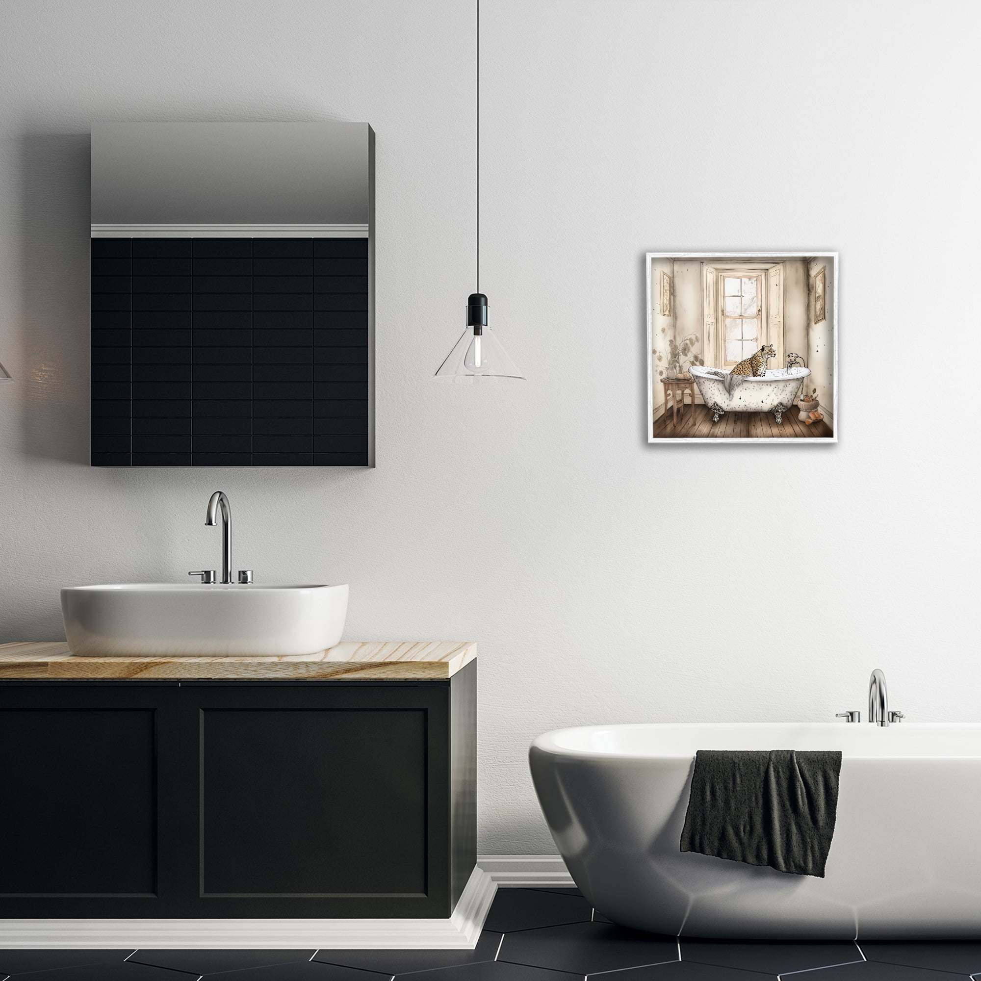 Neutral Leopard Bathtime White Framed Giclee Art, design by Sasha