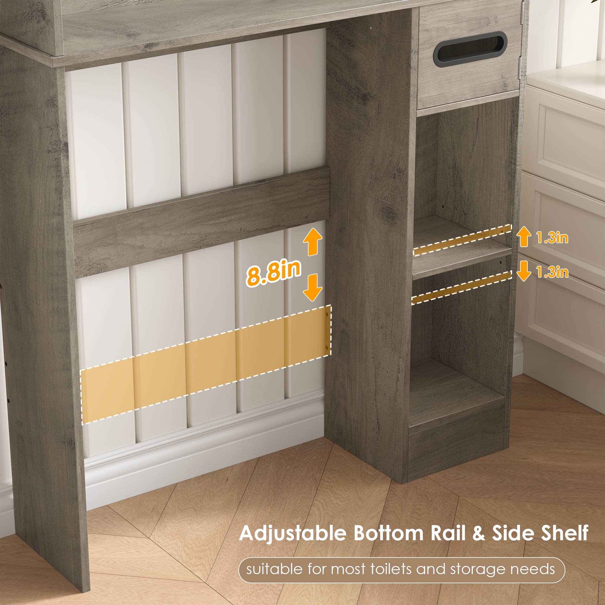 Homfa Over The Toilet Storage Cabinet with Toilet Paper Holder Stand, Above Toilet Organizer with Glass Doors, Behind Toilet Shelf for Restroom, Bathroom, Laundry, Wash Gray