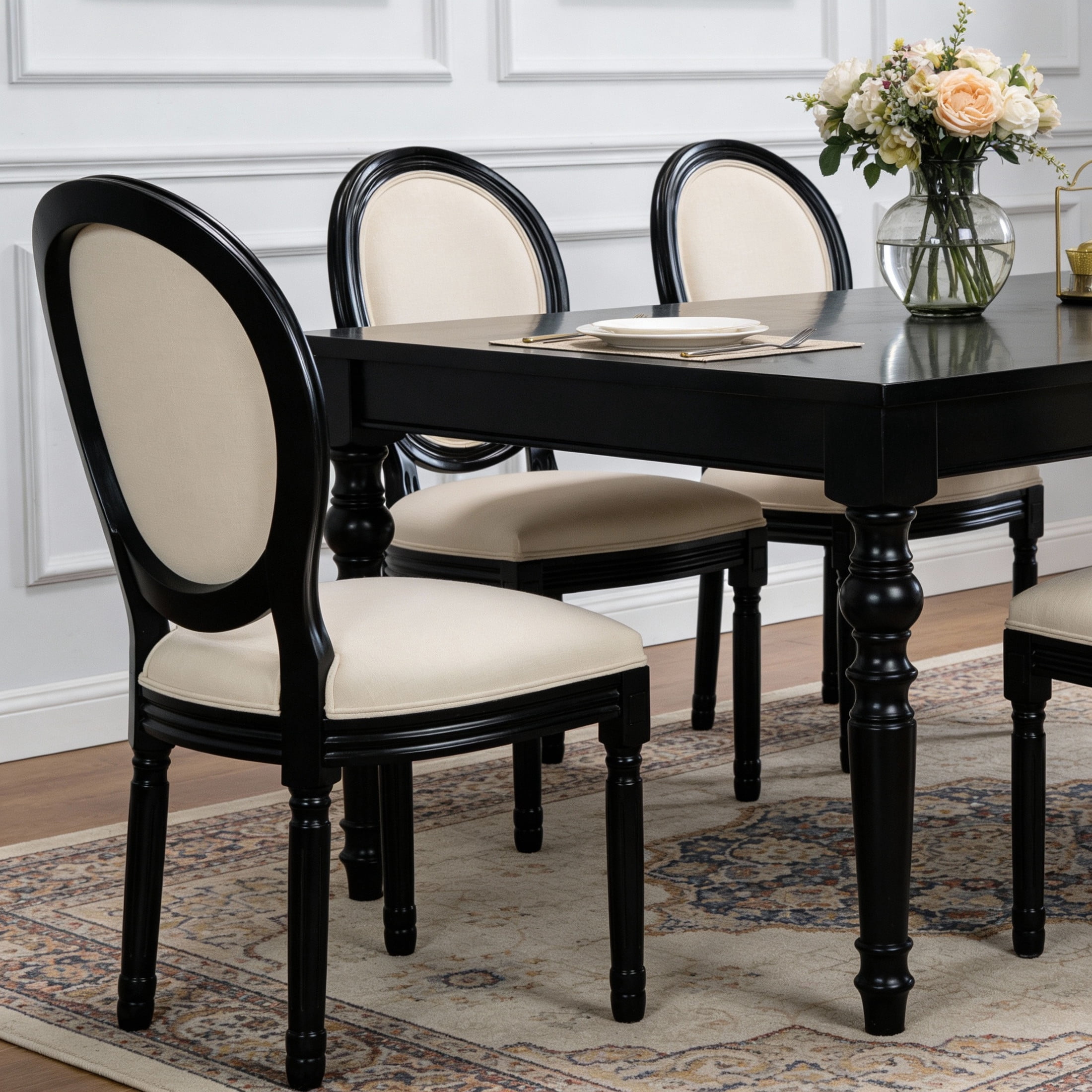 Noble House Caldon French Country Upholstered Dining Chairs with Solid Wood Frame and Padded Back, Beige, Set of 2