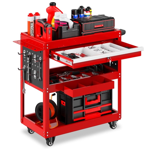 Gewna 3-Tier Metal Rolling Tool Cart, Lockable Drawer, 330 lbs Capacity, Heavy Duty Utility Cart for Garage Black