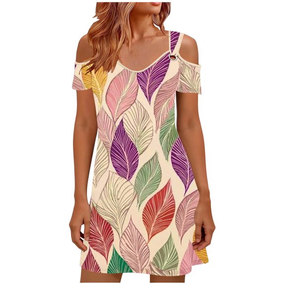 Lovzfmll Sundress for Women, V-Neck Short Sleeve with Cold Shoulder & Print, Casual Vacation Mini Dress Khaki, S