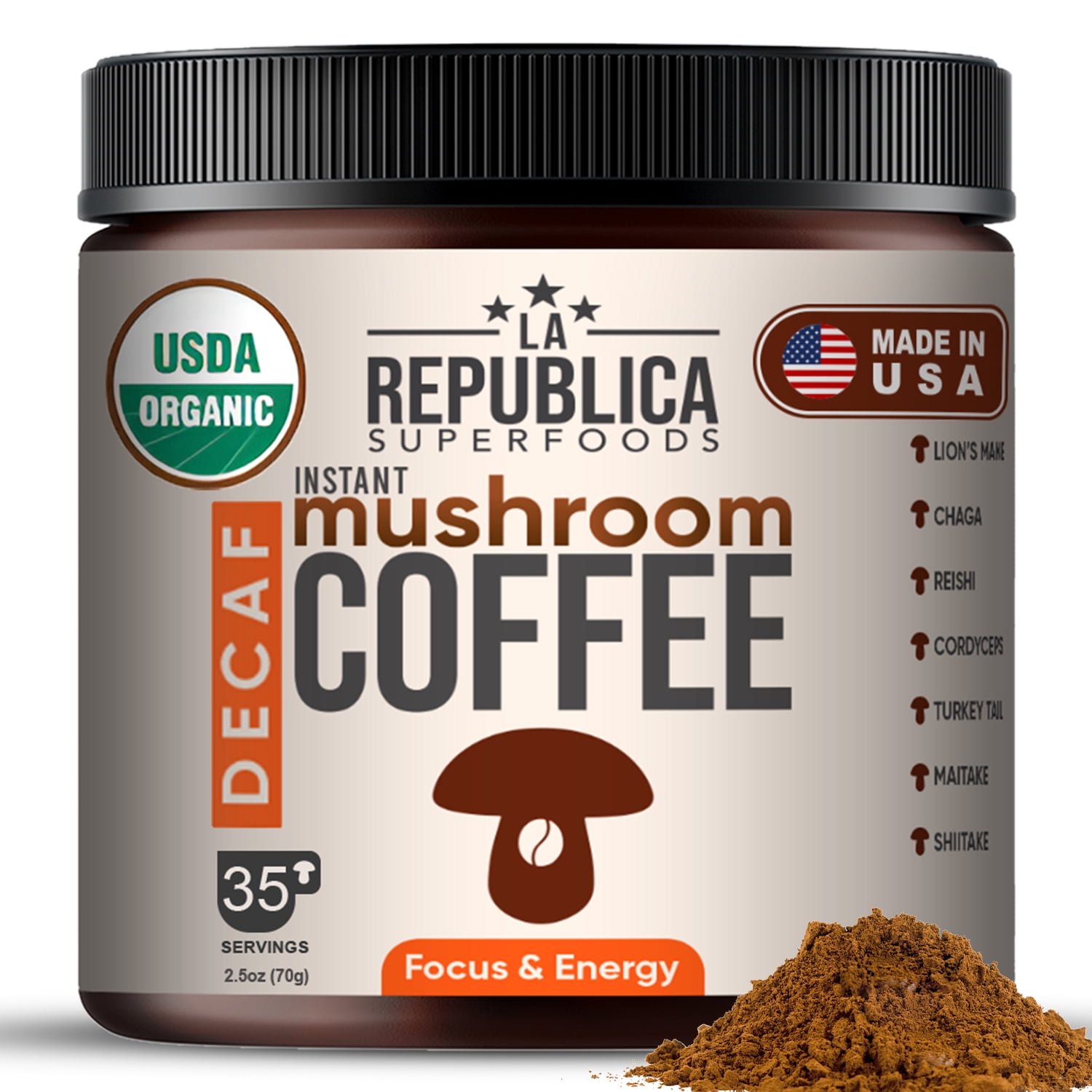 La Republica Organic Decaf Mushroom Coffee Instant Blend 2-Pack (7.5 oz) with Lion's Mane & Reishi – 70 Servings
