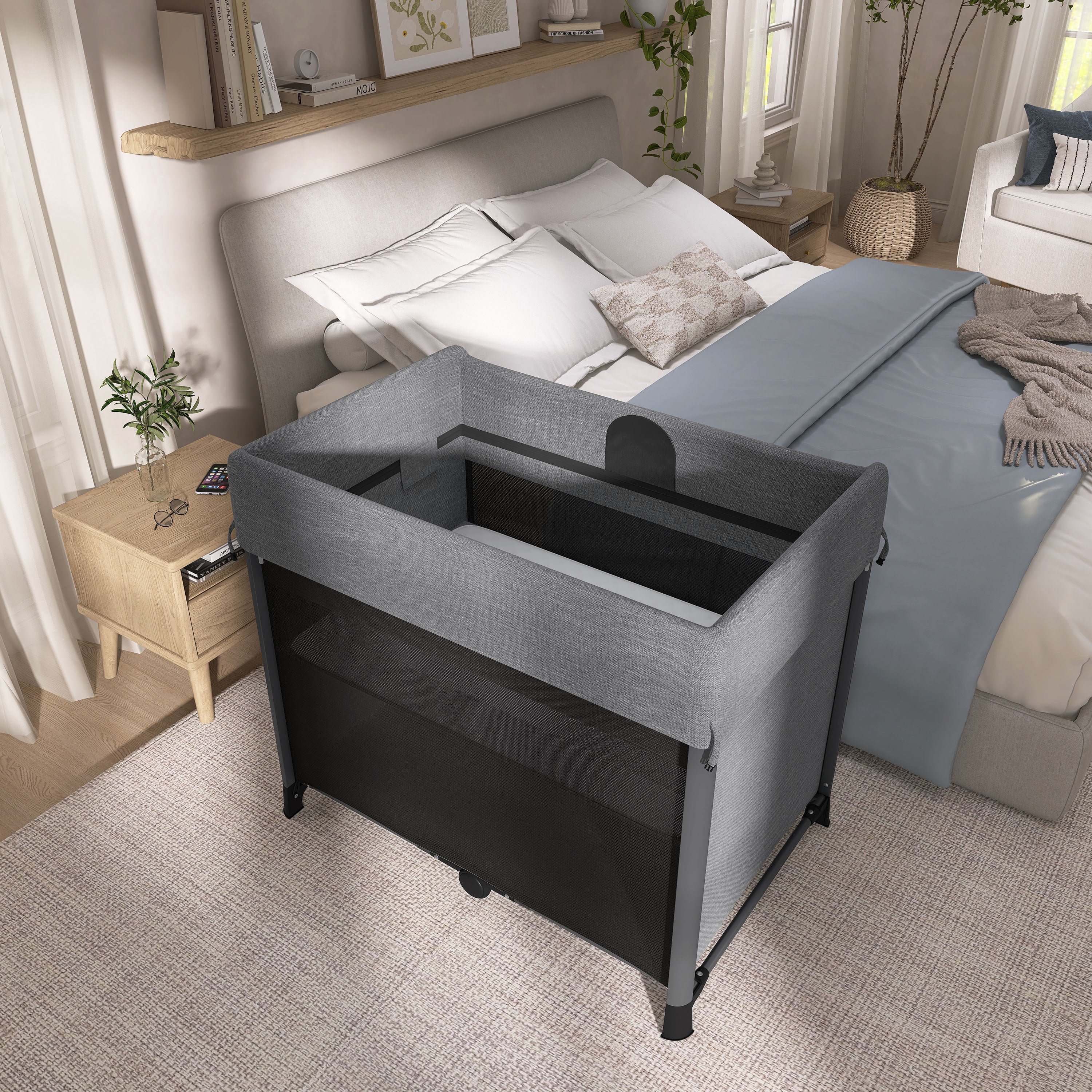 Evolur Zane Portable Playard with Bassinet Gray, Quick and Easy to Fold Baby Playard, Includes Thick Foam Mattress Pad with Removable & Washable Cover