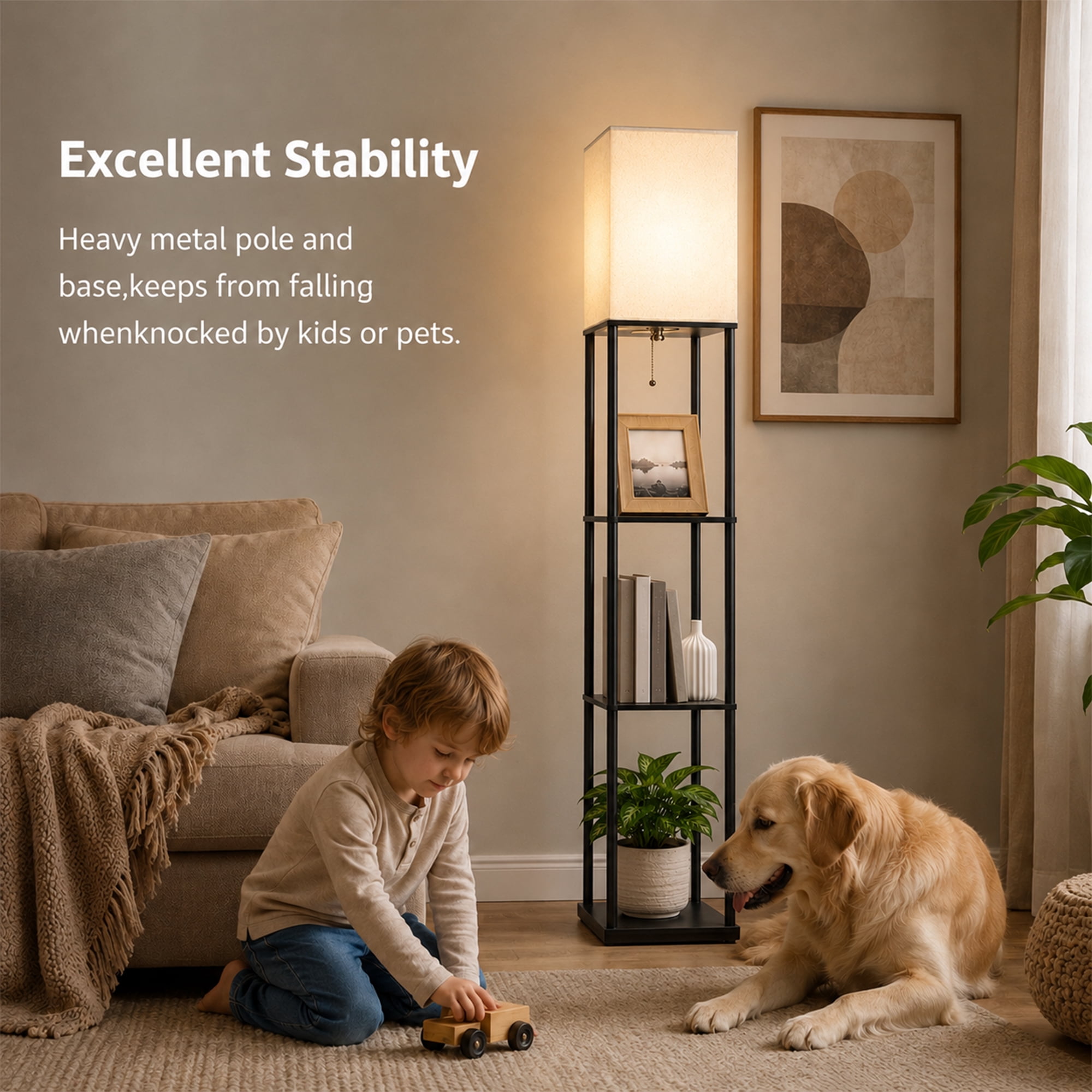 DAYBETTER Floor Lamp With Shelves, 62” Black Shelf Floor Lamp with 9W LED Bulb, 3 Color Temperature, Modern Standing Lamp for Living Room, Bedroom, Office, Corner