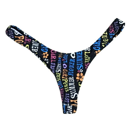 WERYOUNG Women Tropical Brazilian Vacation Print Bikini Bottom Thong Bathing Beach Swimsuit Swimwear Summer Versatile Black S