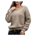 thumbnail image 2 of Suéter de Larga con Cuello en V para Mujer, Suéter Holgado de Punto Grueso de Gran Tamaño. Caqui L, 2 of 10