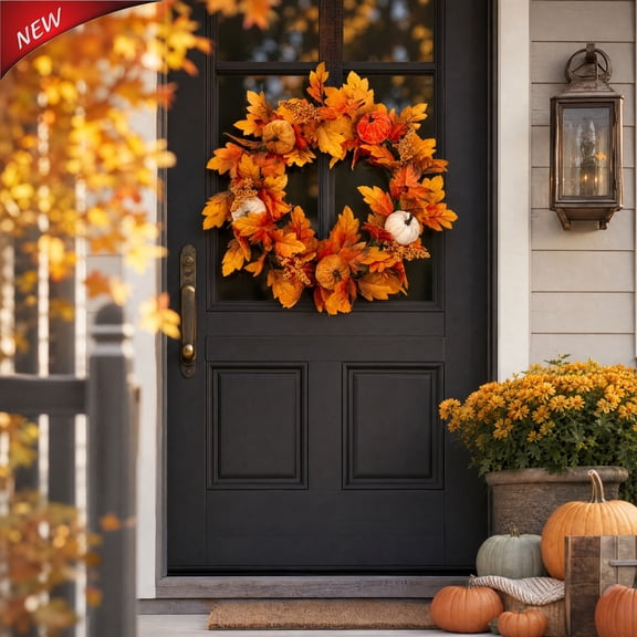 Qocolcyl 16" Autumn Wreath Fall Wreath Artificial Thanksgiving Decorations Halloween Front Door Wreath Harvest Farmhouse Wreath with Maple Leaf Pumpkins Pinecones Berries