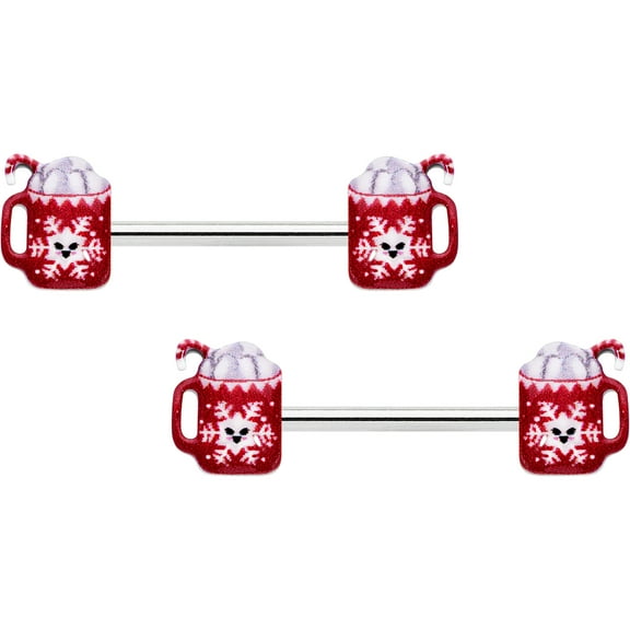 Body Candy 14G Womens Piercing Steel 2Pc Sweet Hot Cocoa Snowflake Red Nipple Ring Set 9/16