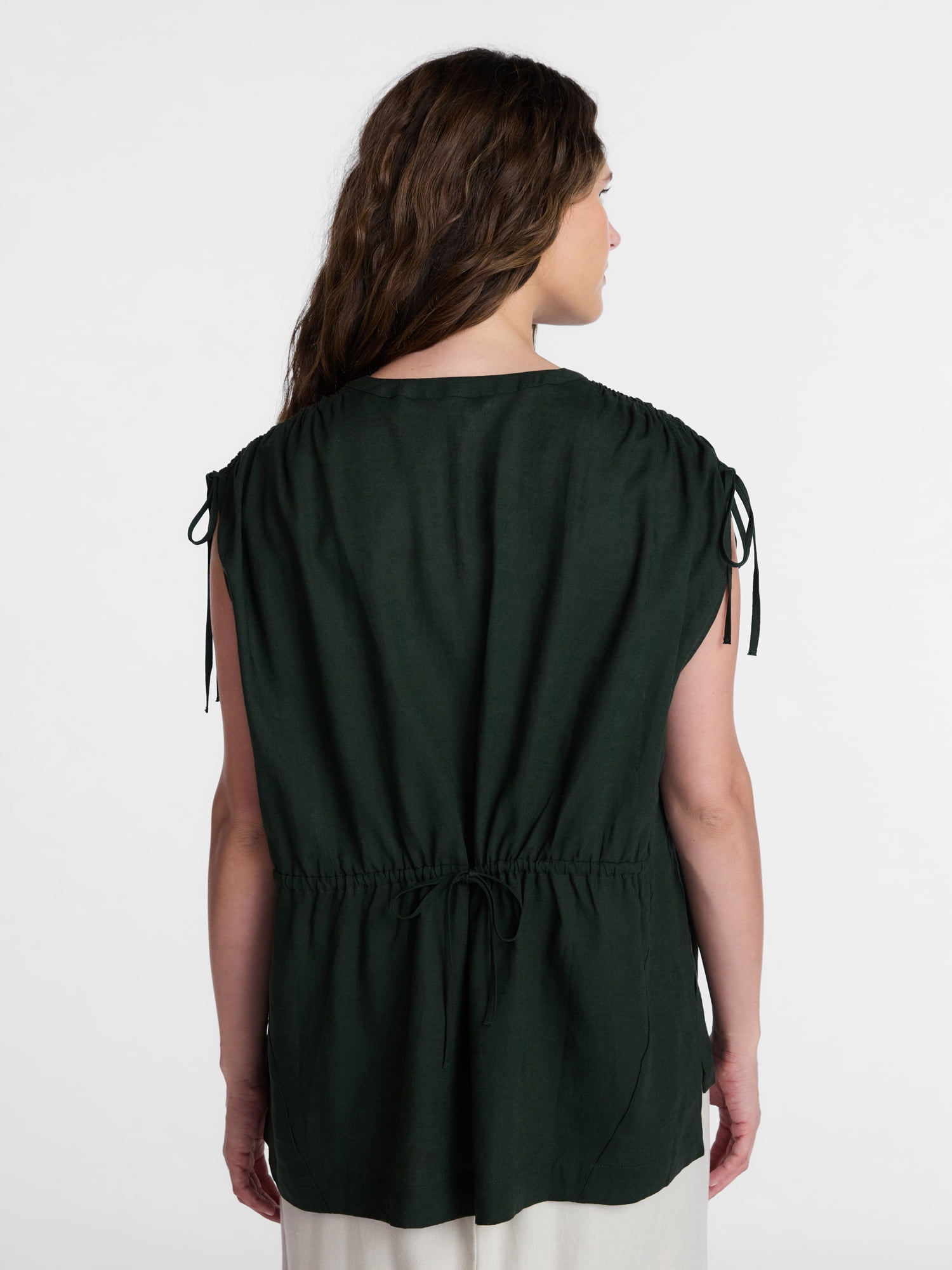 Time and Tru Women’s Linen-Blend Tunic Top with Ruched Sleeves, Sizes XS-XXXL