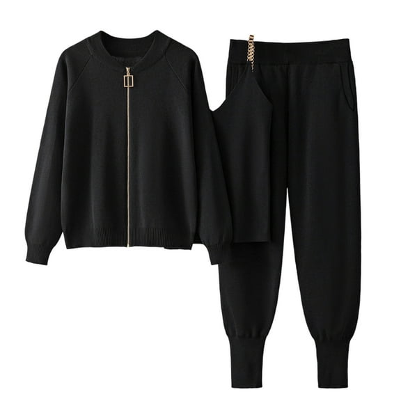 Enjoytime Outfits for Women Solid Color Zip Up Jacket Round Neck Knit Tops and Wide Leg Pants 3 Piece Sets Soft Comfy Matching Loungewear
