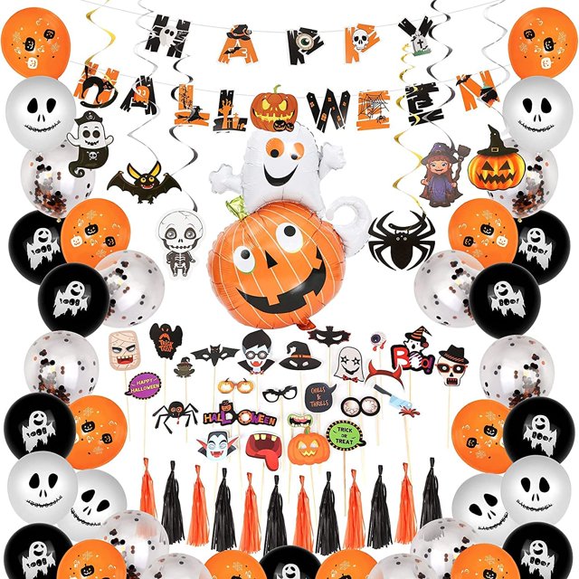 ZHAOCHENG Globos de Halloween: decoraciones de Halloween, kit de tapices de Halloween, 48 globos, 25 accesorios fotográficos, pancartas, calabazas, coronas de letras