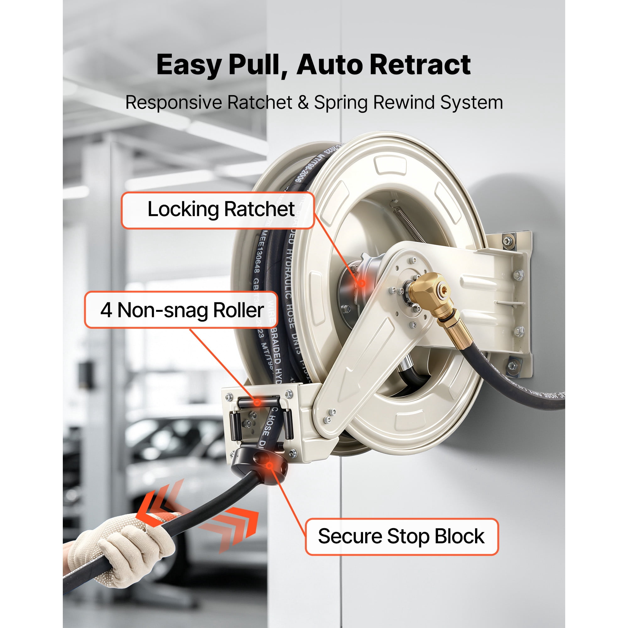 KFFKFF Retractable Oil Hose Reel, 1/2 inch x 50 ft, Spring-Driven Auto Rewind, Max 3625 PSI, Durable Carbon Steel Build with Steel Wire Braided Hose, Suitable for Engine, Gear, and Hydraulic Oil
