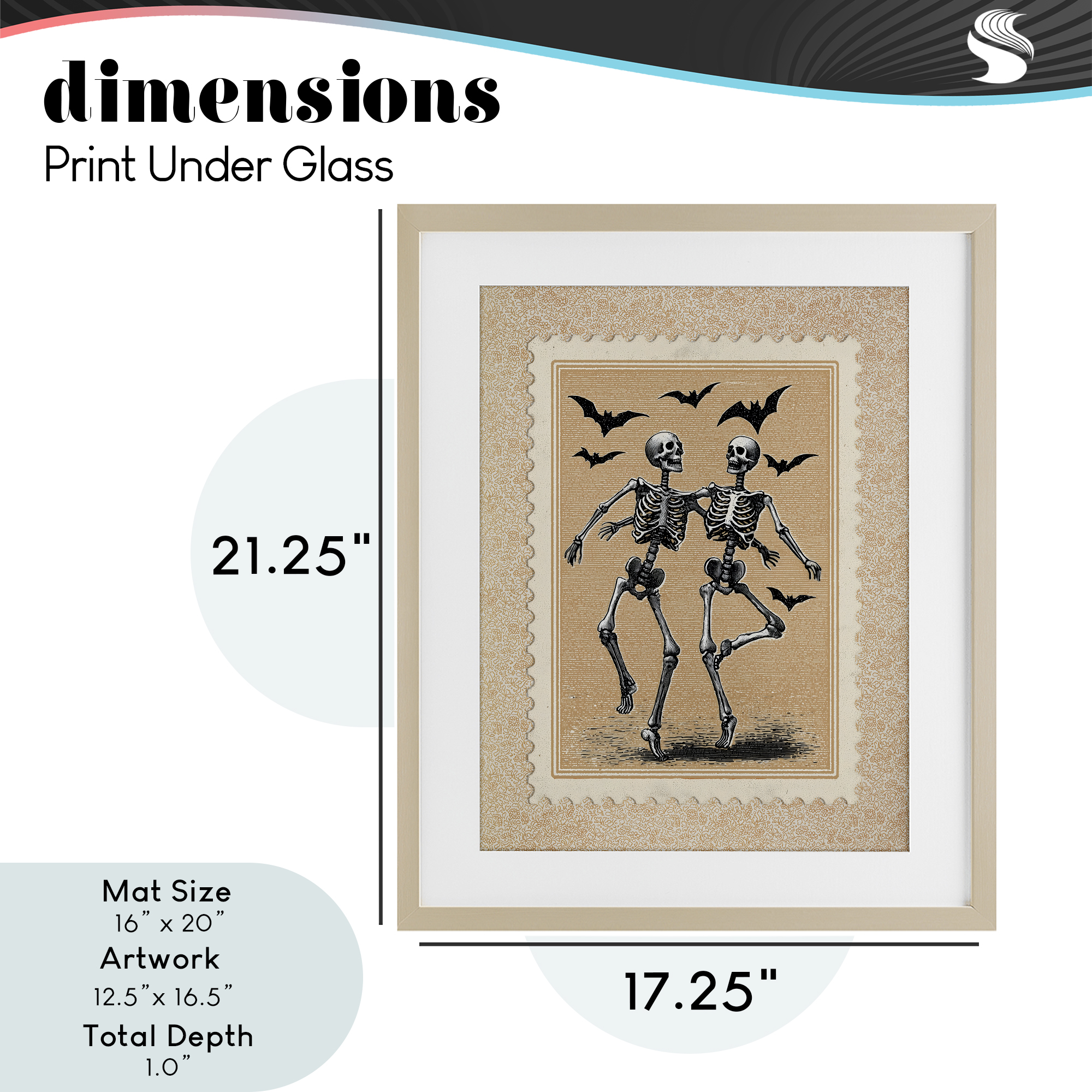Vintage Dancing Skeletons Stamp Birch Framed Print Under Glass, design by Arlington Prints