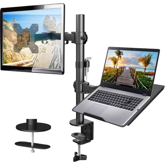 HUANUO Adjustable Monitor Stand, Single Arm Desk Mount for 32 inch Screen and 17 inch Laptop, Heavy Duty Ergonomic Bracket Holds 22lbs