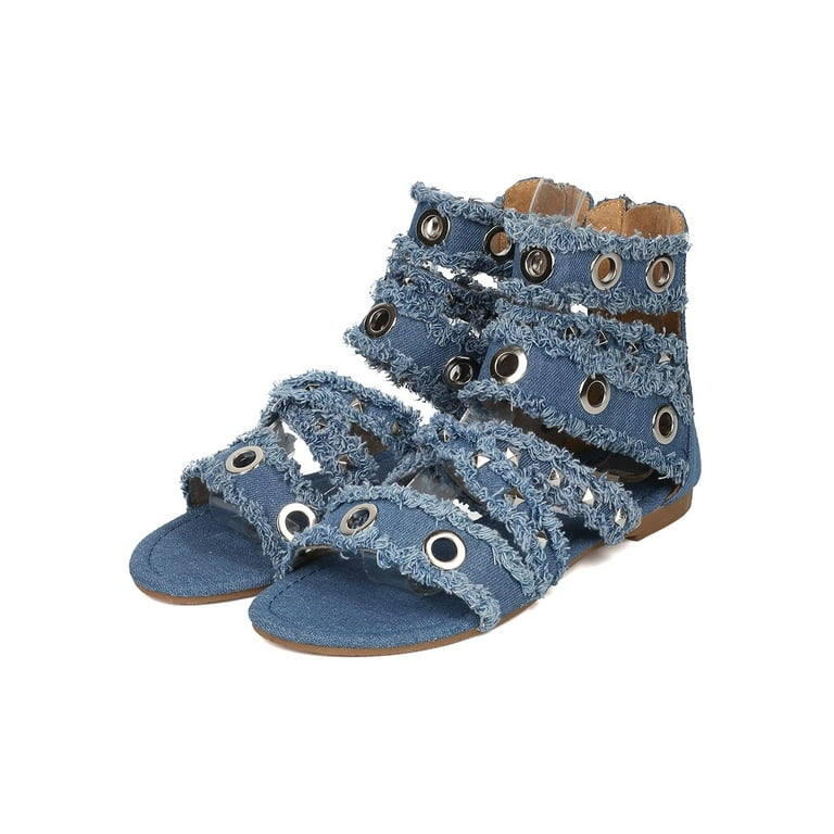 Women Gladiator Sandal - Frayed Denim Sandal - Spikes and Women Gladiator Sandal - Frayed Denim Sandal - Spikes and