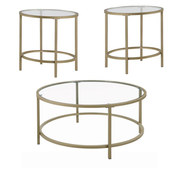 Benzara BM196803 3 Piece Metal Round Occasional Table Set with Glass Top, Gold & Clear - 17 x 36 ...