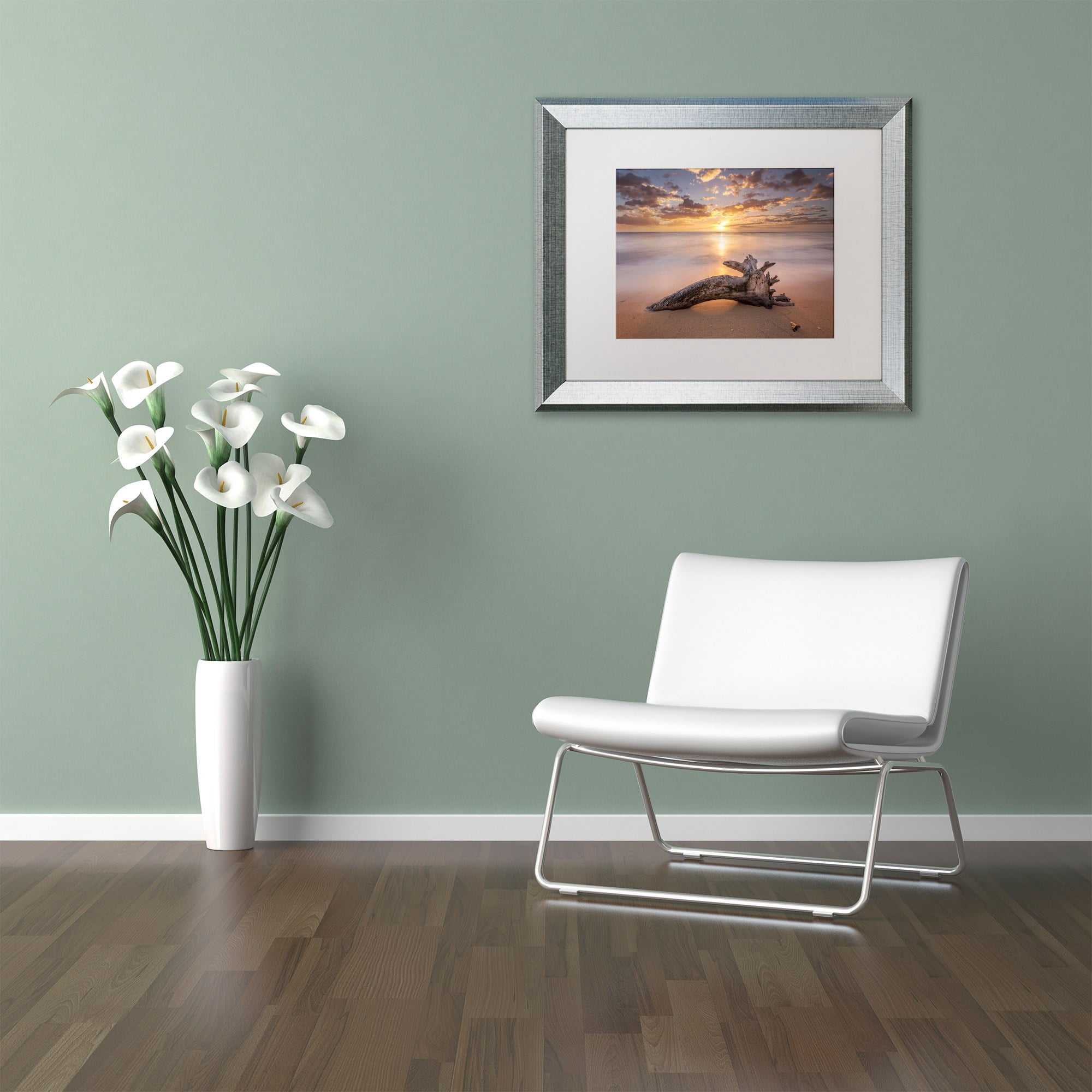 Trademark Fine Art 'Beach Tree Sunrise' Canvas Art by Pierre Leclerc, White Matte, Silver Frame
