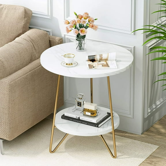Marble End Table, 2 Tier Round Side Table with Shelves, Modern Gold Nightstand Bedside Table Small Coffee Accent Table for Living Room Bedroom, White and Gold