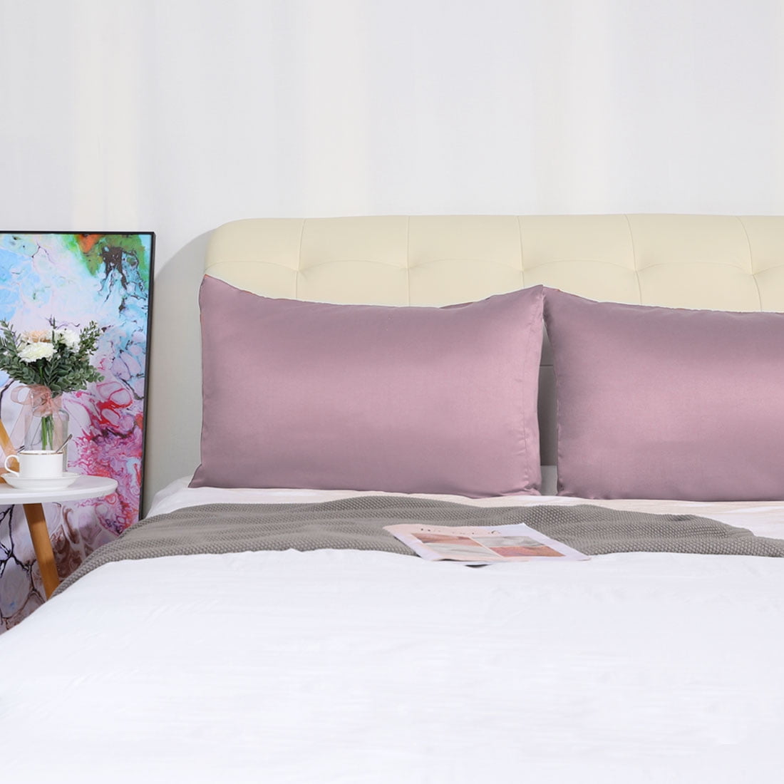 Unique Bargains Silky Satin Pillow Cases Covers Set of 2 Mauve Queen